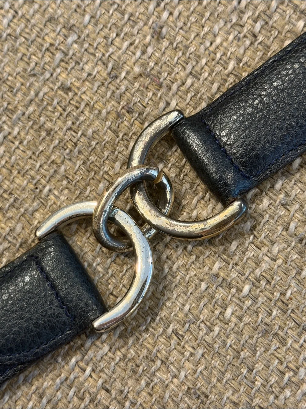 EUC - Longchamp Vintage Navy Leather Belt with Silver Buckle & Hardware